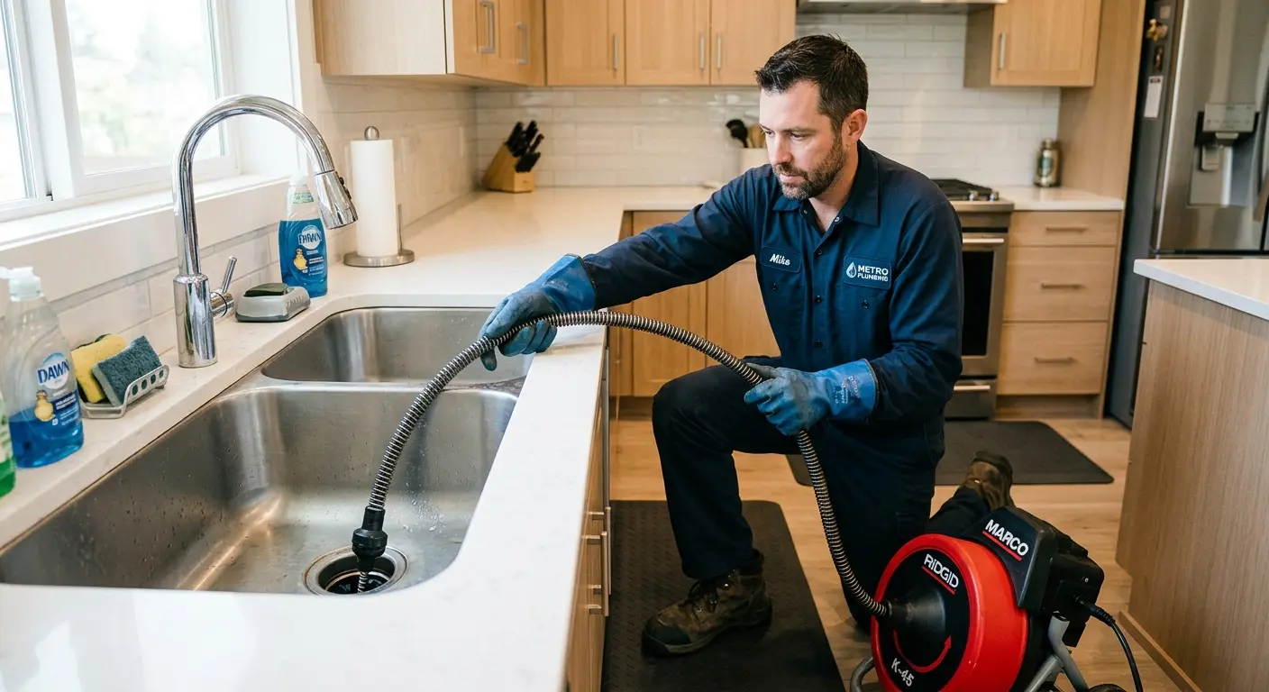 Drain cleaning technician using a motorized snake on a kitchen sink in Handy