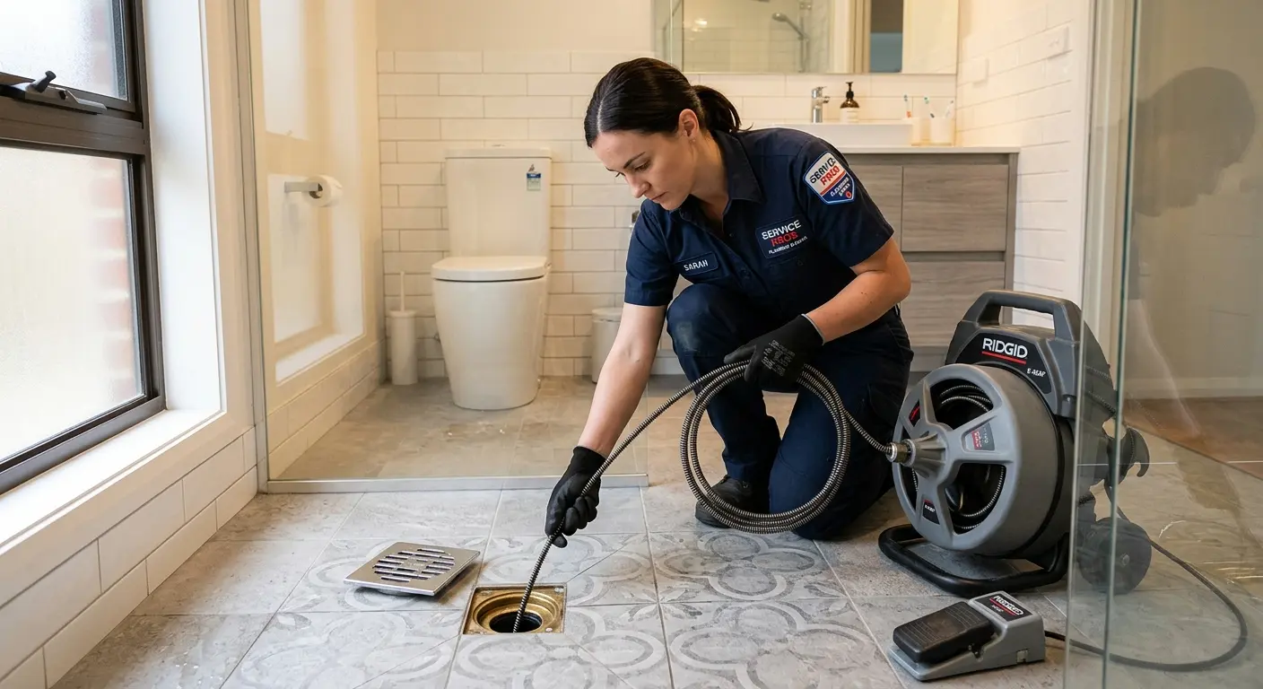 Technician clearing a bathroom floor drain for Sewer Line Installation in Handy